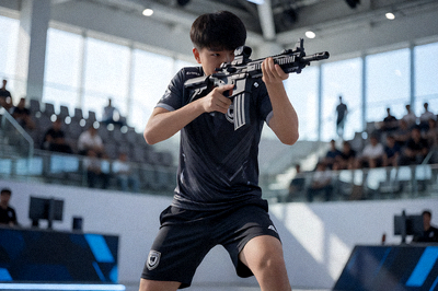 CSGO职业比赛中选手持枪对射的紧张竞技瞬间，展现FPS电竞的激烈对抗