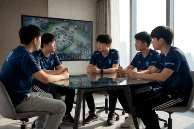 DOTA2职业比赛中选手进行战术讨论的场景，展现团队协同与策略沟通的重要性