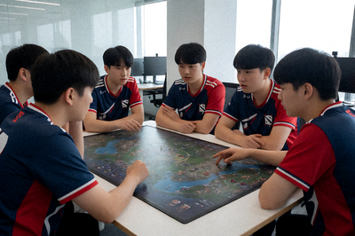 DOTA2职业比赛中选手进行战术讨论的场景，展示团队协作与战术沟通的重要性